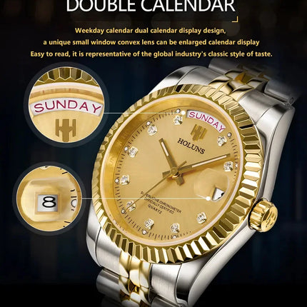 Holuns Luxury Classic 36/41mm Gold Men's Watches Japan MIYOTA Quartz Movt Stainless Steel Classic Business Wristwatch Waterproof