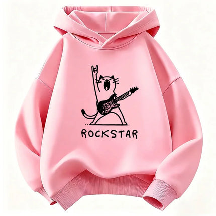Vintage Rock Star with Music Cat Design Hoodie Kids Cat Children's Sweatshirt Hoody for Boys Girls Hip Hop Casual Hoodies