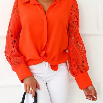 Plus Size 1XL-5XL Women's Elegant Lace Blouse Button Ladies Fashion Long Sleeve Lace Splicing Blouse Shirt