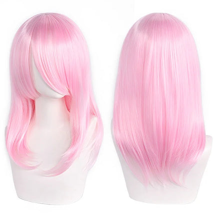High Quality 40cm Medium Cosplay Wig With Bang Black Blond Pink Red Blue Purple Heat Resistant Synthetic Hair Wigs