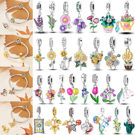 New 925 Sterling Silver Charms Beads Sunflower Flower Daisy Original Charm Pendant Fit Charm Bracelets DIY Jewelry Birthday Gift