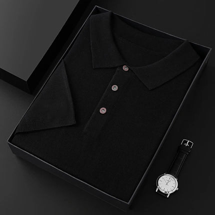 Men's T-shirt summer worsted wool sweater short-sleeved casual solid color men's clothes POLO collar knitted Tops loose Blouse
