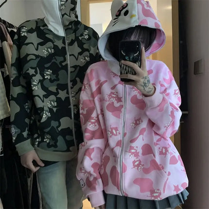 American Hello Kittys Women Zip Jacket Vintage Hooded Sweatshirt Sanrioed Y2K Girls Zipped Coat Couple Tops Casual Streetwear