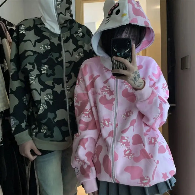 American Hello Kittys Women Zip Jacket Vintage Hooded Sweatshirt Sanrioed Y2K Girls Zipped Coat Couple Tops Casual Streetwear