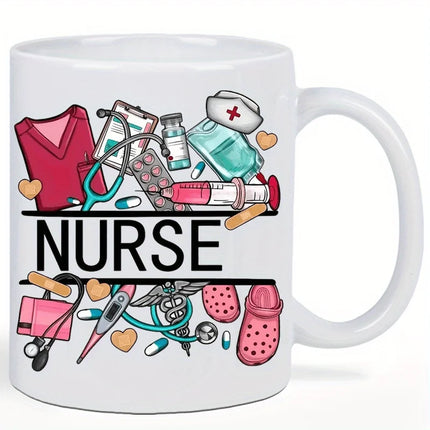 Nurse Themed 11 Ounce Ceramic Coffee Mug - Reusable, Insulated Travel Mug with Medical Illustrations, Hand Wash Only - White