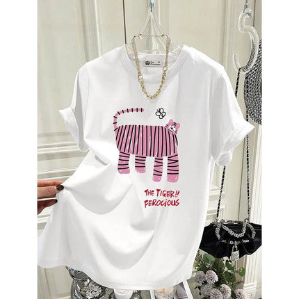 Summer New Fun Tiger Cartoon Print T-shirts Women Clothing Fashion All-match Pure Cotton Short Sleeve Top Tee Y2k Loose Pullover