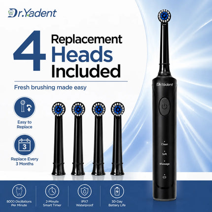 Dr.Yadent Rotating Electric Toothbrush IPX7 Waterproof 3 Modes 4 Toothbrush Head Rechargeable Battery for Adult Deeper Cleaning