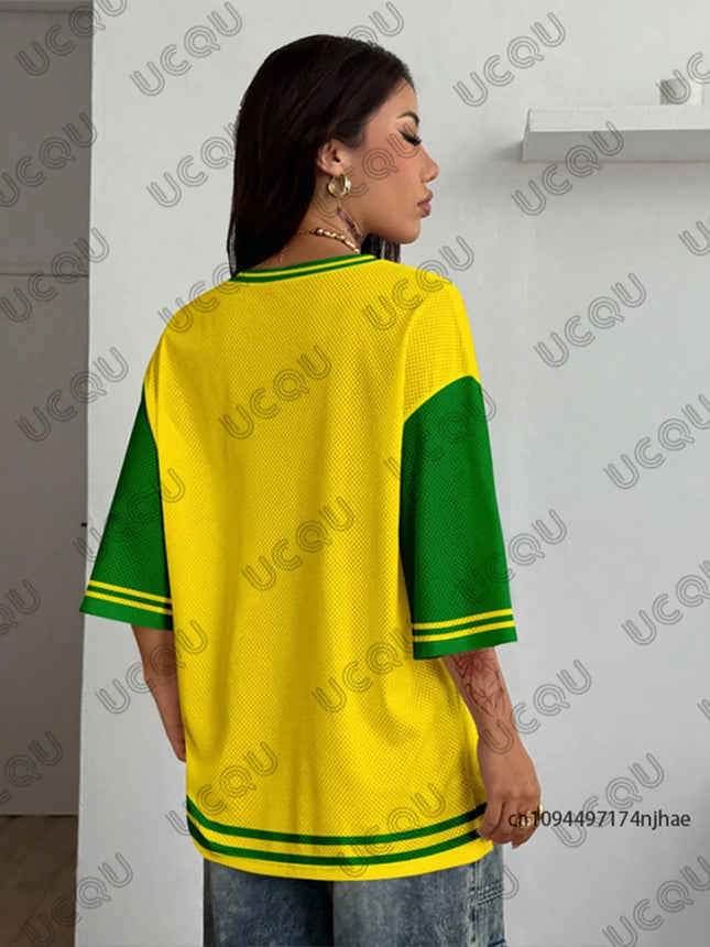 Summer New Brazil Print T-Shirt for Women V-Neck Patchwork Short Sleeve Sports Football Jersey Y2K Loose Oversized Vintage Tops