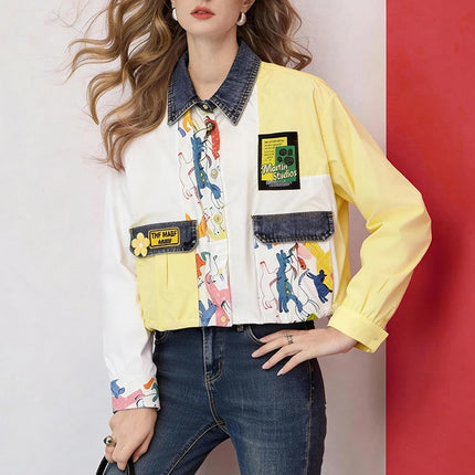 Women Cropped Shirt Denim Patchwork Printed Blouse Loose Fit Casual Spring Fall Shirt Top