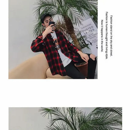 Casual Plaid Long Sleeve Men's Shirt Autumn Korean Style Loose Fashionable Outerwear Couple's Casual Shirt Comfortable Fit