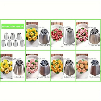 13PCS Russian Piping Tips Set Cake Decorating Kit- 7 Flower Nozzles,EVA Bag & Tools - for DIY Cake Puff Decoration Baking Tools