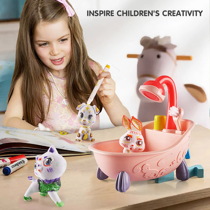 Cute Fun Pet Bathtub Playset - Washable Doodle Pet Toys with Color Crayons for Kids' Creative Bath Time Play