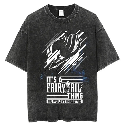 FAIRY TAIL Anime Manga Peripherals T-shirt Natsu Lucy Happy Gray Graphic Print Washed Vintage Short Sleeve Men Women Cotton Tee