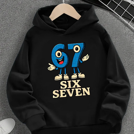 Spring And Autumn Single Piece Casual Fashion Christmas #67 Boys'black Hooded Sweatshirt,Six Seven,Blue 67 Cartoon Print Pattern