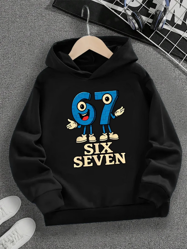 Spring And Autumn Single Piece Casual Fashion Christmas #67 Boys'black Hooded Sweatshirt,Six Seven,Blue 67 Cartoon Print Pattern