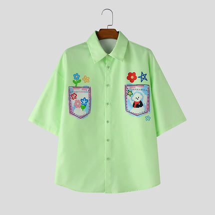 INCERUN Men's Shirt Printing Lapel Short Sleeve Loose Summer Menswear Clothing Streetwear 2026 Korean Style Casual Tops Shirts