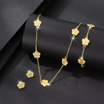 3Pcs/Set Stainless Steel Reversible Metal Laser Bracelet Necklace Earrings Jewelry Set Classic for Women's Accessories Clover