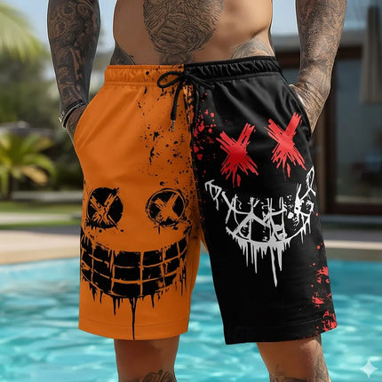 Men's Cartoon Smile Face Shorts Mid Waist Vintage Drawstring Waist Side Pockets Daily Wear for Spring & Summer