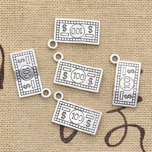 25pcs Charms 100 Dollars Money 10x19mm Antique Silver Color Plated Pendants Making DIY Handmade Tibetan Silver Color Jewelry