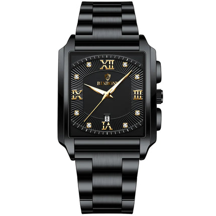 BINBOND Luxury Quartz Watch for Men Golden Square Large Dial 30M Waterproof Leather Strap Wrist Watches Date Display Men's Watch