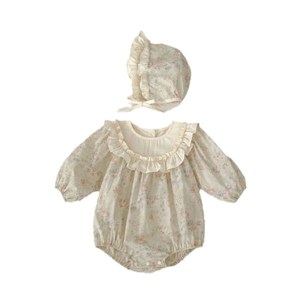 5372-1 Newborn Clothes 2025 Spring New Retro Floral Baby Girl's Bag Fart Clothes Big Lace Climbing Clothes with Hat