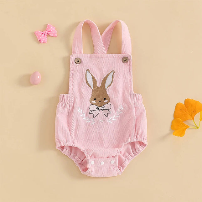 Toddler Baby Boys Girls Easter Romper Adorable Sleeveless Square Neck Bunny Embroidery Tank Jumpsuit Newborn Overalls