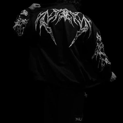 Men's Gothic Streetwear Zip-Up Hoodie Black Edgy Urban Athletic Dark Style Casual Oversized Pullover Sweatshirt with Zipper