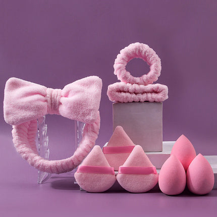 9pcs pink beauty tools, super soft hair tie, wrist strap + dry and wet dual-purpose makeup sponge, egg triangular powder puff