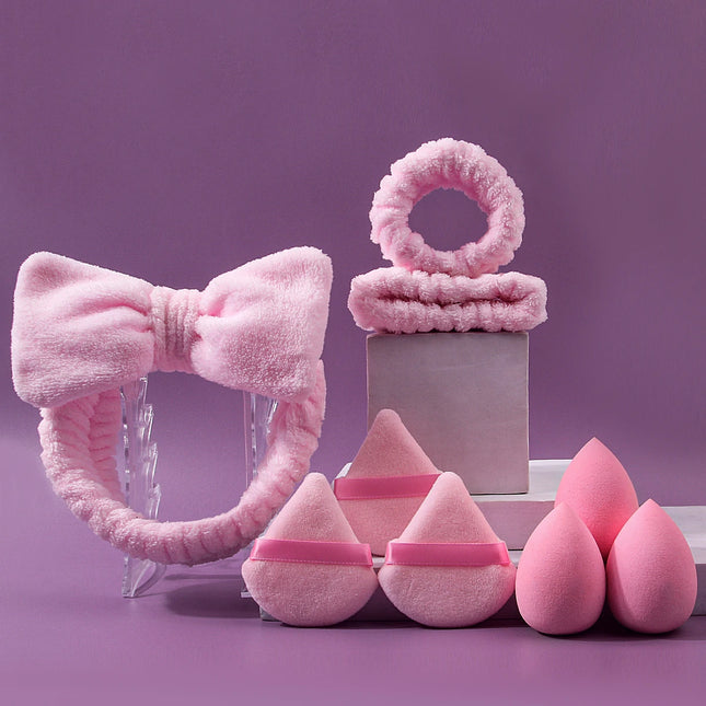 9pcs pink beauty tools, super soft hair tie, wrist strap + dry and wet dual-purpose makeup sponge, egg triangular powder puff
