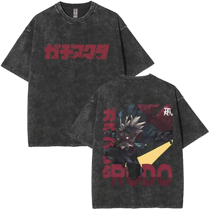 Washed Vintage Anime Gachiakuta Rudo Enjin Zanka Riyo Face Graphic T-shirt Men Women Casual Cartoon Manga Short Sleeve T-shirts
