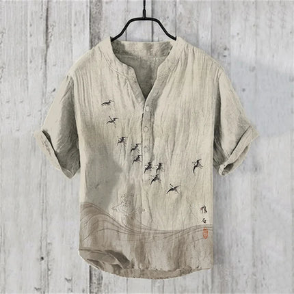 Chinese Retro Men's Short-Sleeved POLO Shirt Linen Blended Printed Clothing Casual Fashion Hawaiian Large Size Men's Tops