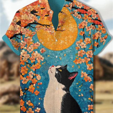 New Healing Style Linen Short Sleeved Shirt for Men, Retro Black Cat, Goldfish 3D Printed Casual Top Clothing