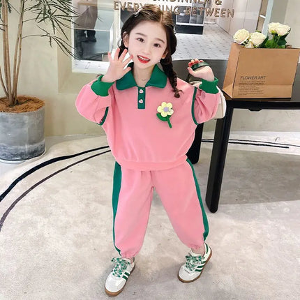 Spring Set Children's Sportswear Suit Girls Flower Top Pants 2 Piece Autumn Lapel Long Sleeve Sweatshirt Outfit Kids Clothing