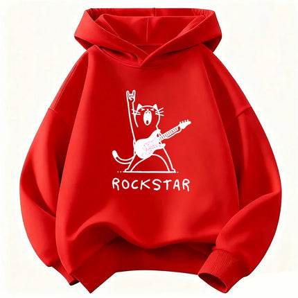 Vintage Rock Star with Music Cat Design Hoodie Kids Cat Children's Sweatshirt Hoody for Boys Girls Hip Hop Casual Hoodies
