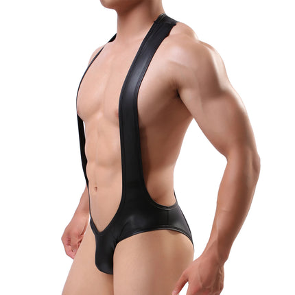 Mens Leotard Sexy Teddy Lingerie PU Leather Bodysuit Wrestling Singlet Open Butt Jumpsuit Gay Erotic Underwear Fetish Catsuit