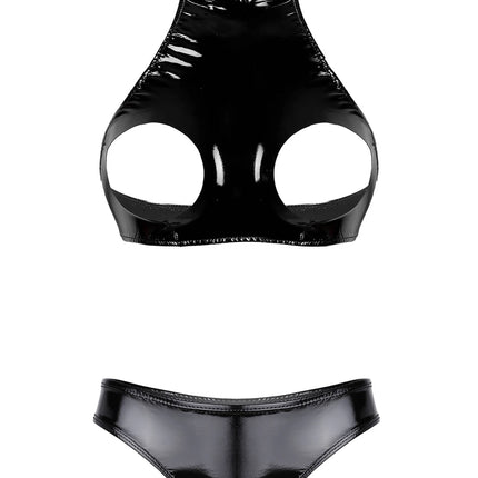 Womens Lingerie Temptation Set Hollow Chest Crop Top with Crotchless Open Butt Briefs Patent Leather Bra with Underwear Sets
