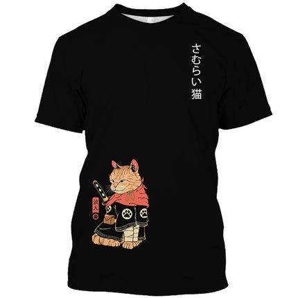 Japanese Samurai Cat Print T Shirt For Men Casual Simplicity O-neck Short Sleeve Fashion Trend Harajuku Streetwear Oversized Top