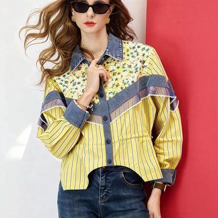 Women Cropped Striped Floral Print Patchwork Shirt Loose Fit Drawstring Waist Button Up Blouse Casual Shirt Top
