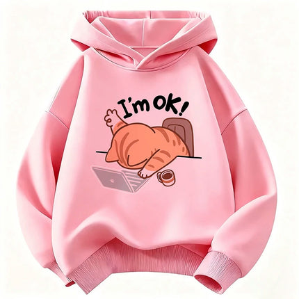 I Am Ok Computer Cat Design Hooded Kids Children's Sweatshirt Cute Hoody for Boys Girls Sping Kawaii Casual Hoodies