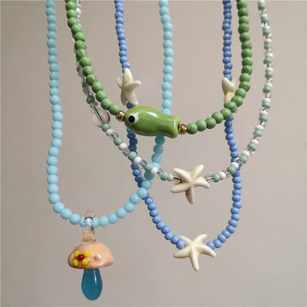 Cute Green Ceramic Fish Conch Shell Starfish Mushroom Pendant Bead Choker Neck Necklace For Women Summer Beach Vacation Jewelry