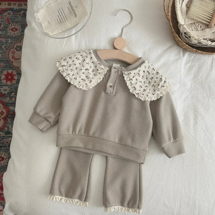 Spring Fall 1-3 Years Baby Girl Outfit Warm Ribbed Fabric Khaki Sweatshirt + Pant Set Lace Trim Casual Toddler Clothes
