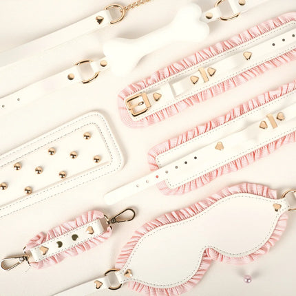 6PCS BDSM Bondage Set White Maid Role Play Restraints Kit SM Fetish Toys Handcuff Slave Blindfold Collar For Couples Sex Games