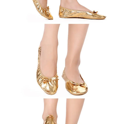Comfortable Bowknot Belly Dancing Shoes Leather Golden Indian Dance Shoes Foldable Round Toe Foldable Ballet Flats Ladies