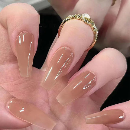 Dark Brown Flowers 24 Pcs Press-on Nails Pink Nail Polish Glossy Artificial Finger Manicure Reusable False Nails