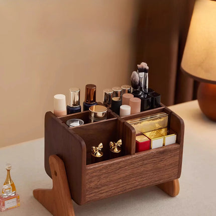 Walnut Cosmetic Organiser Desk-top Vanity Unit Lipstick & Eyeshadow Organiser Makeup Brush Holder Large Capacity Storage Rack