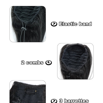 2PCS Black Drawstring Ponytail + Bangs Set, Straight Synthetic Hair Extensions, for Women Cosplay Daily Wear