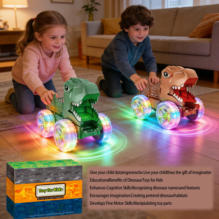 (2pack) LED Light Dinosaur Car Toy, Dino Monster Truck with Colorful Glowing Wheels, Interactive Play Vehicle Gift for Children