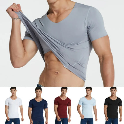 4Pcs Summer Ice Silk Men T-Shirt Vest Men's No Trace Sports Short Sleeve T-shirt Solid V-neck Tees Quick Dry Shirt Tops Fitness