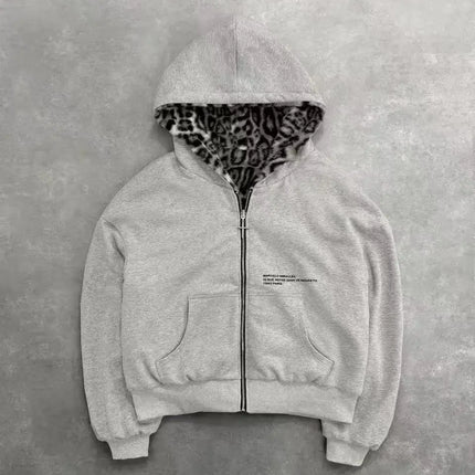 Gothic Harajuku Women Men Autumn Winter Reversible Hoodie Coat Casual Retro Leopard Print Zipper Hoodie Loose Black Grey Top