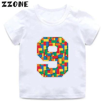 Building Blocks Bricks Number Bow Print Cartoon Boys Clothes 1 2 3 4 5 6 7 8 9 Years Birthday Kids T-shirt Baby Girls T-Shirts